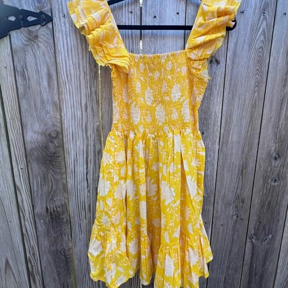 MILLE Bea Yellow and white Ruffle Sleeve Smocked Bodice Mini Dress Women’s Small - Picture 10 of 11